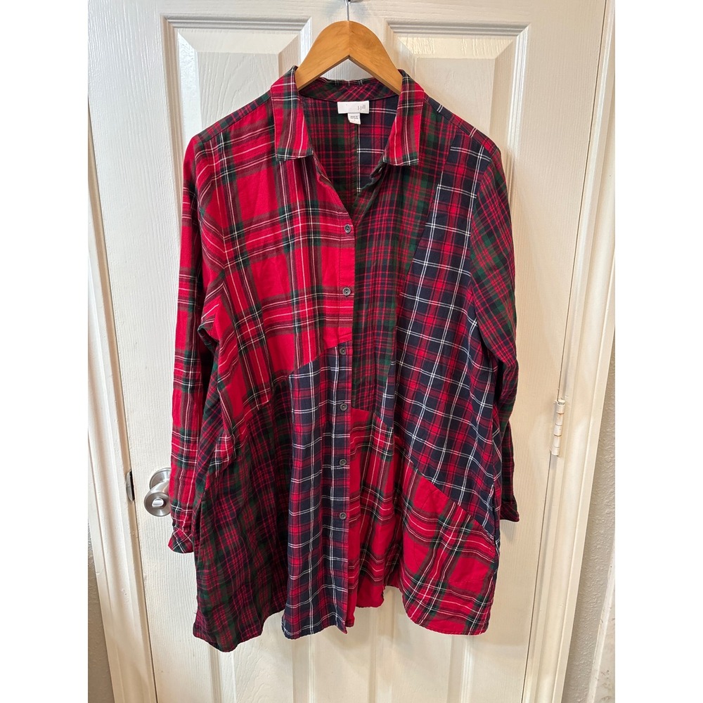 J. Jill Mixed Plaid Patchwork Tunic Top Red Large 100% Cotton Pockets Button Up